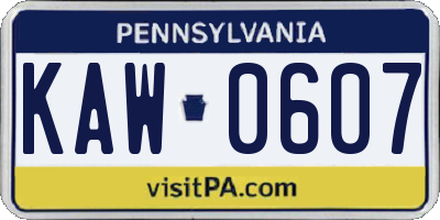 PA license plate KAW0607