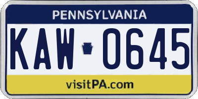 PA license plate KAW0645