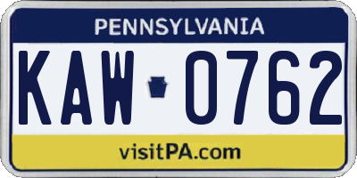 PA license plate KAW0762