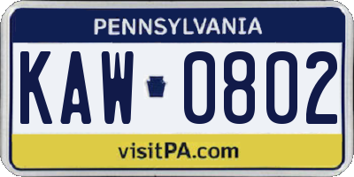 PA license plate KAW0802