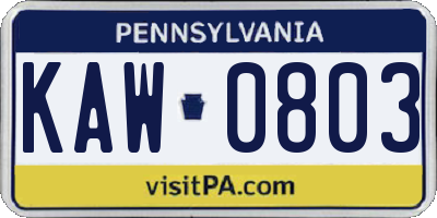 PA license plate KAW0803