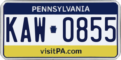 PA license plate KAW0855