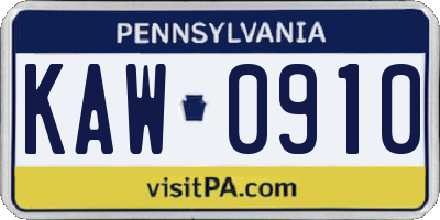 PA license plate KAW0910