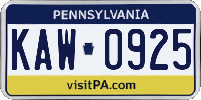 PA license plate KAW0925