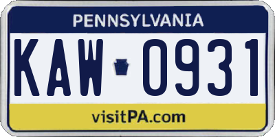PA license plate KAW0931