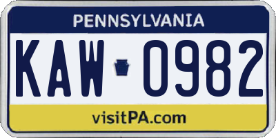 PA license plate KAW0982
