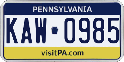 PA license plate KAW0985