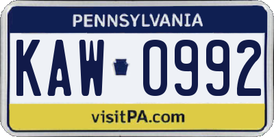 PA license plate KAW0992