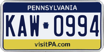 PA license plate KAW0994
