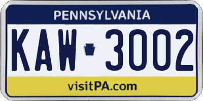 PA license plate KAW3002