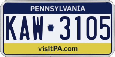 PA license plate KAW3105