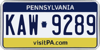 PA license plate KAW9289