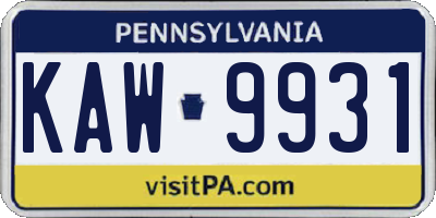 PA license plate KAW9931