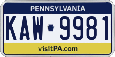 PA license plate KAW9981