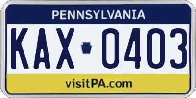 PA license plate KAX0403