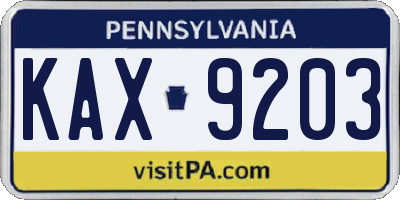 PA license plate KAX9203