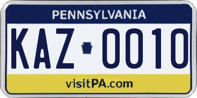 PA license plate KAZ0010