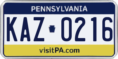 PA license plate KAZ0216