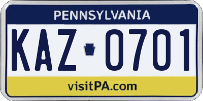 PA license plate KAZ0701