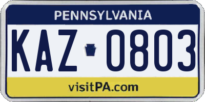 PA license plate KAZ0803