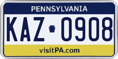 PA license plate KAZ0908