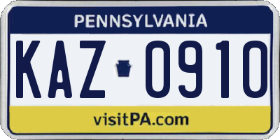 PA license plate KAZ0910