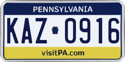 PA license plate KAZ0916