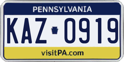 PA license plate KAZ0919