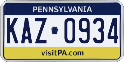 PA license plate KAZ0934