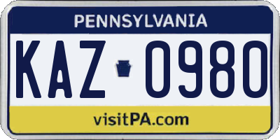 PA license plate KAZ0980