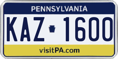 PA license plate KAZ1600