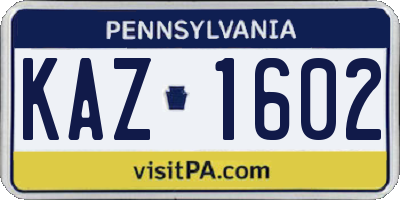 PA license plate KAZ1602