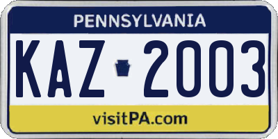 PA license plate KAZ2003
