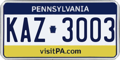 PA license plate KAZ3003
