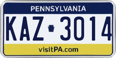 PA license plate KAZ3014