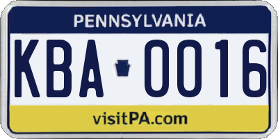 PA license plate KBA0016