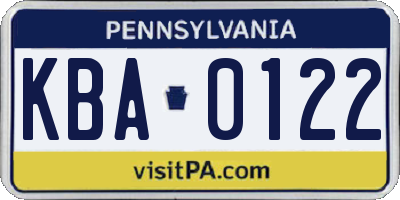 PA license plate KBA0122