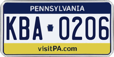 PA license plate KBA0206