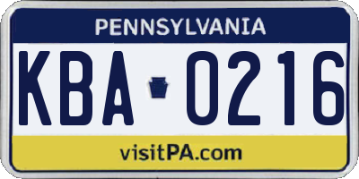 PA license plate KBA0216