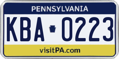 PA license plate KBA0223