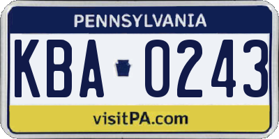 PA license plate KBA0243