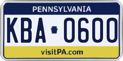 PA license plate KBA0600