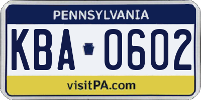 PA license plate KBA0602