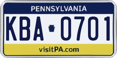 PA license plate KBA0701