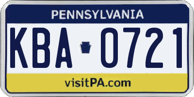 PA license plate KBA0721
