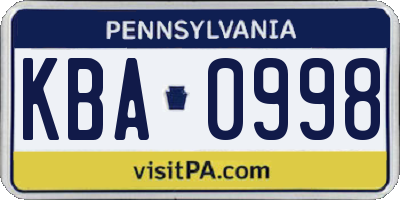 PA license plate KBA0998