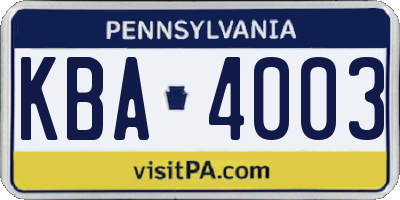 PA license plate KBA4003