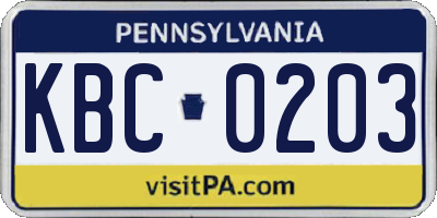 PA license plate KBC0203