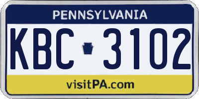 PA license plate KBC3102
