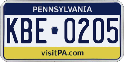 PA license plate KBE0205